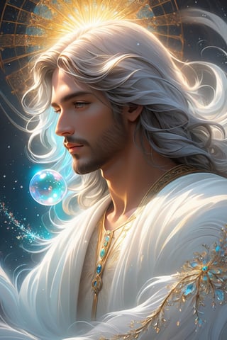 Jesus is walk ,milk and honey. The person on the desert,beautiful harp, male, full body, furry skin, fantasy, subsurface scattering, perfect anatomy, glow, bloom, bioluminescent liquid, zen style, still film, cold color, l vibrant and volumetric light (masterpiece, top quality, best quality, official art, beautiful and aesthetic: 1.2), extremely detailed, (abstract, fractal art: 1.3), colorful hair, more detailed, detailed_eyes, snowing, smoke bubbles, light particles, 33 year old male face, perfect body, five fingers, perfect hands, anatomically perfect body, sexy posture, (black eyes), (gray hair), very long hair, long white fur sweater dress, white fur shorts, dynamic angle, depth of field, hyper detailed, highly detailed, beautiful, small details, ultra detailed, best quality, 4k,((full body)), face to jesus,photo r3al