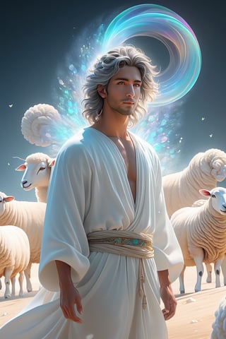 A sheep has gone missing. Shepherd. milk and honey. The person on the desert, male, full body, furry skin, fantasy, subsurface scattering, perfect anatomy, glow, bloom, bioluminescent liquid, zen style, still film, cold color, l vibrant and volumetric light (masterpiece, top quality, best quality, official art, beautiful and aesthetic: 1.2), extremely detailed, (abstract, fractal art: 1.3), colorful hair, more detailed, detailed_eyes, snowing, smoke bubbles, light particles, 33 year old male face, perfect body, five fingers, perfect hands, anatomically perfect body, sexy posture, (black eyes), (gray hair), very long hair, long white simple dress, white shorts, dynamic angle, depth of field, hyper detailed, highly detailed, beautiful, small details, ultra detailed, best quality, 4k,((full body)), face to jesus,photo r3al