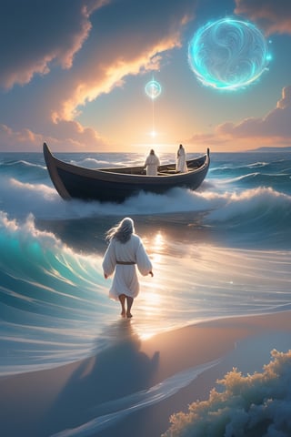 Jesus is walking towards the deep water while holding the hands of a little girl and a little boy,There is a boat nearby, and males is on the boat. The person on the sea,beautiful harp, male, full body, furry skin, fantasy, subsurface scattering, perfect anatomy, glow, bloom, bioluminescent liquid, zen style, still film, cold color, l vibrant and volumetric light (masterpiece, top quality, best quality, official art, beautiful and aesthetic: 1.2), extremely detailed, (abstract, fractal art: 1.3), colorful hair, more detailed, detailed_eyes, snowing, smoke bubbles, light particles, 33 year old famle face, perfect body, five fingers, perfect hands, anatomically perfect body, sexy posture, (black eyes), (gray hair), very long hair, long white fur sweater dress, white fur shorts, dynamic angle, depth of field, hyper detailed, highly detailed, beautiful, small details, ultra detailed, best quality, 4k,((full body)), face to jesus,photo r3al