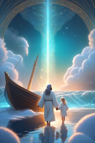 Jesus is holding the hands of a little girl and a little boy,There is a boat nearby, and males is on the boat. The person on the sea,beautiful harp, male, full body, furry skin, fantasy, subsurface scattering, perfect anatomy, glow, bloom, bioluminescent liquid, zen style, still film, cold color, l vibrant and volumetric light (masterpiece, top quality, best quality, official art, beautiful and aesthetic: 1.2), extremely detailed, (abstract, fractal art: 1.3), colorful hair, more detailed, detailed_eyes, snowing, smoke bubbles, light particles, 33 year old famle face, perfect body, five fingers, perfect hands, anatomically perfect body, sexy posture, (black eyes), (gray hair), very long hair, long white fur sweater dress, white fur shorts, dynamic angle, depth of field, hyper detailed, highly detailed, beautiful, small details, ultra detailed, best quality, 4k,((full body)), face to jesus,photo r3al