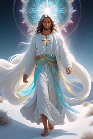 Jesus is walk ,milk and honey. The person on the desert,beautiful harp, male, full body, furry skin, fantasy, subsurface scattering, perfect anatomy, glow, bloom, bioluminescent liquid, zen style, still film, cold color, l vibrant and volumetric light (masterpiece, top quality, best quality, official art, beautiful and aesthetic: 1.2), extremely detailed, (abstract, fractal art: 1.3), colorful hair, more detailed, detailed_eyes, snowing, smoke bubbles, light particles, 33 year old male face, perfect body, five fingers, perfect hands, anatomically perfect body, sexy posture, (black eyes), (gray hair), very long hair, long white fur sweater dress, white fur shorts, dynamic angle, depth of field, hyper detailed, highly detailed, beautiful, small details, ultra detailed, best quality, 4k,((full body)), face to jesus,photo r3al