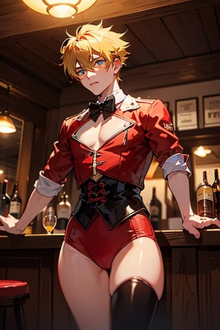 Vash (he has short golden hair) dressed in a cute bunny outfit (red and black) at a Western cowboy tavern, 