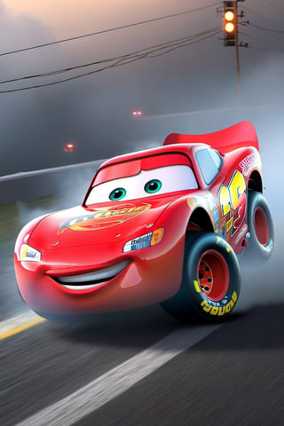 crash lightning mcqueen, fog, digital rendering, by Goro Fujita, Shutterstock, black fog, super cute, stock photo, NYFlowerGirl, Xxmix_Catecat, sticker, F41Arm0rXL,