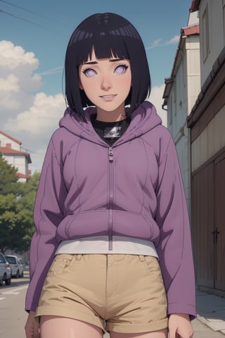 1girl, solo, perspective from below, looking at viewer, short hair, bangs, black hair, long sleeves, purple eyes, thighs, shorts, outdoors, hood, blunt bangs, short shorts, hoodie, hood down, brown shorts, pink hoodie, hyuuga hinata,hinata(boruto) ,perfect light,hyuuga hinata ,smile,Details++,