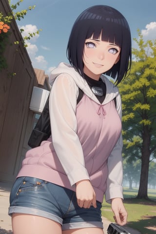 1girl, solo,Camera perspective from below, looking at viewer, smile, short hair, bangs, black hair, long sleeves, purple eyes, thighs, shorts, outdoors, hood, blunt bangs, short shorts, hoodie, hood down, brown shorts, pink hoodie, hyuuga hinata,hinata(boruto) ,perfect light,hyuuga hinata ,smile,Details++,