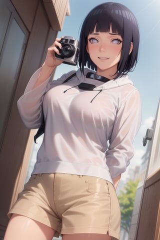 1girl, solo,Camera perspective from below, looking at viewer, smile, short hair, bangs, black hair, long sleeves, purple eyes, thighs, shorts, outdoors, hood, blunt bangs, short shorts, hoodie, hood down, brown shorts, pink hoodie, hyuuga hinata,hinata(boruto) ,perfect light,hyuuga hinata ,smile,Details++,