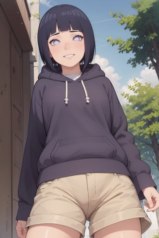 1girl, solo, perspective from below, looking at viewer, short hair, bangs, black hair, long sleeves, purple eyes, thighs, shorts, outdoors, hood, blunt bangs, short shorts, hoodie, hood down, brown shorts, pink hoodie, hyuuga hinata,hinata(boruto) ,perfect light,hyuuga hinata ,smile,Details++,