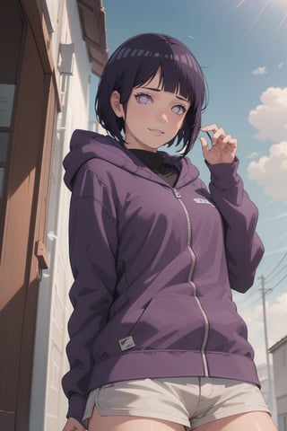 1girl, solo, perspective from below, looking at viewer, short hair, bangs, black hair, long sleeves, purple eyes, thighs, shorts, outdoors, hood, blunt bangs, short shorts, hoodie, hood down, brown shorts, pink hoodie, hyuuga hinata,hinata(boruto) ,perfect light,hyuuga hinata ,smile,Details++,