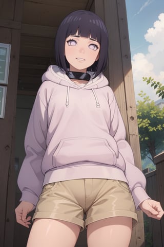 1girl, solo, perspective from below, looking at viewer, short hair, bangs, black hair, long sleeves, purple eyes, thighs, shorts, outdoors, hood, blunt bangs, short shorts, hoodie, hood down, brown shorts, pink hoodie, hyuuga hinata,hinata(boruto) ,perfect light,hyuuga hinata ,smile,Details++,