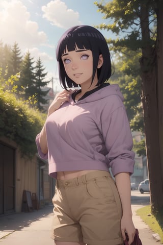 1girl, solo, perspective from below, looking at viewer, short hair, bangs, black hair, long sleeves, purple eyes, thighs, shorts, outdoors, hood, blunt bangs, short shorts, hoodie, hood down, brown shorts, pink hoodie, hyuuga hinata,hinata(boruto) ,perfect light,hyuuga hinata ,smile,Details++,