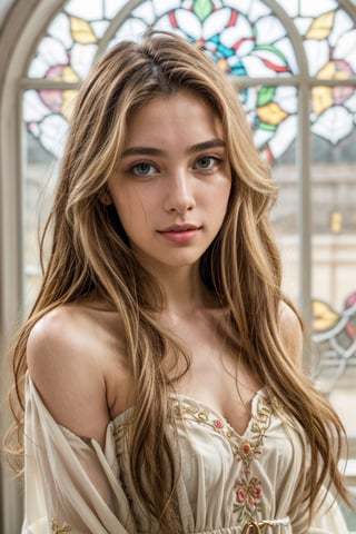 best quality, ultra high res, (Professional Photo:1.4), 1girl, (Beautiful Italian Girl:1.4), 18 Years Old, (Very Flat Chest:1.4), (Very Young Girl Chest:1.4), (Golden Hair:1.4), (Very Long Voluminous Hair:1.4), (((very long thick hair, volume hair))), (Super Long Hair:1.4), (Hair Blowing with the Air:1.4), (Beautiful Hair:1.4), (No Makeup:1.4), (Natural Beauty Look), (full body), (Mouth Closed:1.4), (closeup) , RAW candid cinema, Canon 5D, 85mm, High Resolution Scan, color graded portrait 400 film, remarkable color, ultra realistic, textured skin, remarkable detailed pupils, realistic dull skin noise, visible skin detail, skin fuzz, dry skin, shot with cinematic camera, (cinematic, film grain:1.1), Visible Face, no accessories on Face, no accessories on body, (Small Smile:1.4), (Clothed), (Intricately Detailed Floral 3d Embroidered Light Pink Strapless Dress with Long See Through Sleeves:1.4), (Warm and Bright Colors), (Very Petite Body:1.4), (Very Skinny Body:1.4), Very Flat Stomach, (Arms at the Side of the Body:1.4), (Intricate Detailed Stained Glass Windows Background), (Photograph by Holly Randall), (Award Winning Best Fashion Photography), Masterpiece,photorealistic