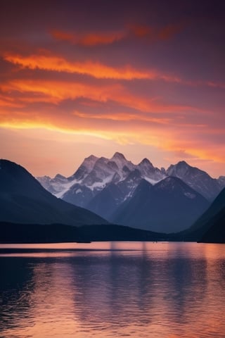 pic of a magnificent sunset over a mountainous landscape, where the high peaks are bathed in a golden light and the sky is painted with soft shades of orange and pink. The clouds extend in dramatic shapes, criando uma cena deslumbrante e serena. No primeiro plano, There is a tranquil lake reflecting the beauty of the sky, while silhouetted trees add a touch of mystery to the landscape. The balanced composition and vastness of nature captured in a convey a sense of calm and wonder at the grandeur of the natural setting. ,prushka