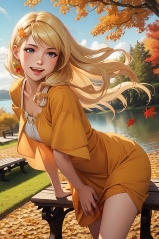 Masterpiece, highest quality, high brightness, 1girl , blonde  hair, long hair, hair ornament, nice dress, cute, masterpiece,, stand next a bench, nice park and lake, autum season, windy, leafs in the ground background,windlift