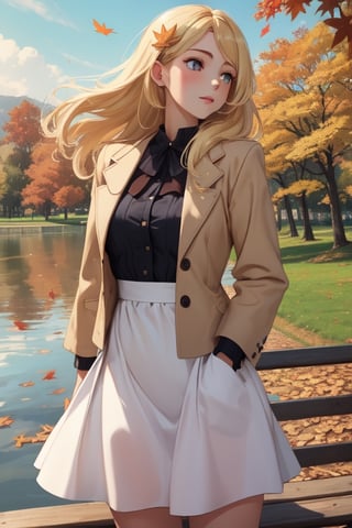 Masterpiece, highest quality, high brightness, 1girl , blonde  hair, long hair, hair ornament, nice dress, cute, masterpiece,, stand next a bench, nice park and lake, autum season, windy, leafs in the ground background,windlift