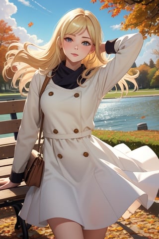 Masterpiece, highest quality, high brightness, 1girl , blonde  hair, long hair, hair ornament, nice dress, cute, masterpiece,, stand next a bench, nice park and lake, autum season, windy, leafs in the ground background,windlift