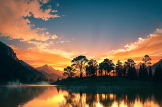 pic of a magnificent sunset over a mountainous landscape, Castle ruins, where the high peaks are bathed in a golden light and the sky is painted with soft shades of orange and pink. The clouds extend in dramatic shapes, criando uma cena deslumbrante e serena. No primeiro plano, There is a tranquil lake reflecting the beauty of the sky, while silhouetted trees add a touch of mystery to the landscape. The balanced composition and vastness of nature captured in this aspect of  convey a sense of calm and wonder at the grandeur of the natural setting. 