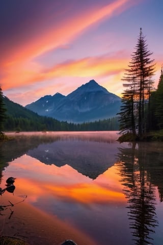 pic of a magnificent sunset over a mountainous landscape, where the high peaks are bathed in a golden light and the sky is painted with soft shades of orange and pink. The clouds extend in dramatic shapes, criando uma cena deslumbrante e serena. No primeiro plano, There is a tranquil lake reflecting the beauty of the sky, while silhouetted trees add a touch of mystery to the landscape. The balanced composition and vastness of nature captured in a convey a sense of calm and wonder at the grandeur of the natural setting. ,prushka