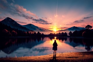 pic of a magnificent sunset over a mountainous landscape, Castle ruins, where the high peaks are bathed in a golden light and the sky is painted with soft shades of orange and pink. The clouds extend in dramatic shapes, criando uma cena deslumbrante e serena. No primeiro plano, There is a tranquil lake reflecting the beauty of the sky, while silhouetted trees add a touch of mystery to the landscape. The balanced composition and vastness of nature captured in this aspect of  convey a sense of calm and wonder at the grandeur of the natural setting. ,Astarte