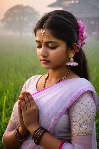 half body shot, young woman, 20yrs old ((foggy indian temple))), at dawn, she is in the grass in ffront of the temple, ((closed eyes)),(((Only the face enters the camera))), (Focus on the face),
Indian young woman,,Pure and restrained girl, ,(a very beautiful and innocent ), High resolution, realistic and delicate high texture,Warm and realistic delicate texture,
She is Praying in the temple, flowers in hair, 
r3al,Indian girl ,Indian,lactating