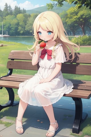 Masterpiece, highest quality, high brightness, 1girl , blonde  hair, long hair, hair ornament, nice dress, cute, masterpiece, eating strawberry shortcake, sitting, bench, nice park and lake background