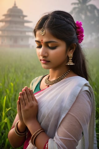 half body shot, young woman, 20yrs old ((foggy indian temple))), at dawn, she is in the grass in ffront of the temple, ((closed eyes)),, (Focus on the face),
Indian young woman,,Pure and restrained girl, ,(a very beautiful and innocent ), High resolution, realistic and delicate high texture,Warm and realistic delicate texture,
She is Praying in the temple, flowers in hair, 
r3al,Indian girl ,Indian,lactating,aesthetic portrait,greg rutkowski