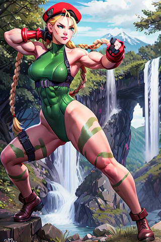 sfr1v, facial portrait, sexy stare, smirked, fighting stance, mountains, birds, trees, waterfall, hodoken,cammy, cammy white,hat,long hair,beret,braid,twin braids,gloves,green leotard,blue eyes,fingerless gloves.scar,highleg leotard,antenna hair,highleg,lips,red gloves,muscular,red headwear,large breasts,camouflage,thick thighs,covered navel,thong leotard,muscular female,abs,scar on face,thigh strap,bare shoulders,bodypaint, sf6,cammy_green_bodysuit_aiwaifu