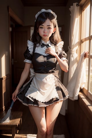 (((portrait shot))), maid, uniform, short skirt, thin legs, thigh gap,, cleaning half body view
,Girl,DisneyAlice