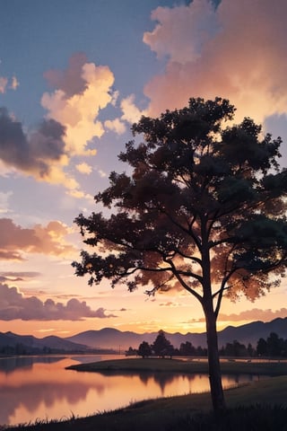 pic of a magnificent sunset over a mountainous landscape, where the high peaks are bathed in a golden light and the sky is painted with soft shades of orange and pink. The clouds extend in dramatic shapes, criando uma cena deslumbrante e serena. No primeiro plano, There is a tranquil lake reflecting the beauty of the sky, while silhouetted trees add a touch of mystery to the landscape. The balanced composition and vastness of nature captured in a convey a sense of calm and wonder at the grandeur of the natural setting. ,prushka