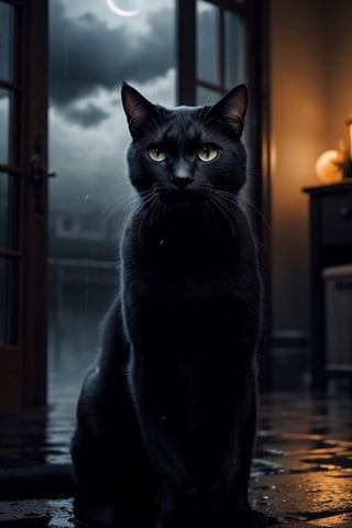 Realistic  close-up shot. a black cat, it is night. Rain-soaked street, dimly lit windows, little light, fog, moon covered by clouds, rain, damp, melancholy, low key black and white photographic
,photorealistic,rfktrfod,zxsmk, Dark_Mediaval