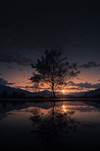 pic of a magnificent sunset over a mountainous landscape, where the high peaks are bathed in a golden light and the sky is painted with soft shades of orange and pink. The clouds extend in dramatic shapes, criando uma cena deslumbrante e serena. No primeiro plano, There is a tranquil lake reflecting the beauty of the sky, while silhouetted trees add a touch of mystery to the landscape. The balanced composition and vastness of nature captured in a convey a sense of calm and wonder at the grandeur of the natural setting. ,prushka