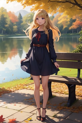 Masterpiece, highest quality, high brightness, 1girl , blonde  hair, long hair, hair ornament, nice dress, cute, masterpiece,, stand next a bench, nice park and lake, autum season, windy, leafs in the ground background,windlift