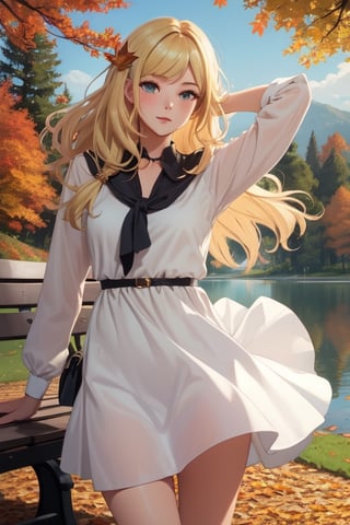 Masterpiece, highest quality, high brightness, 1girl , blonde  hair, long hair, hair ornament, nice dress, cute, masterpiece,, stand next a bench, nice park and lake, autum season, windy, leafs in the ground background,windlift