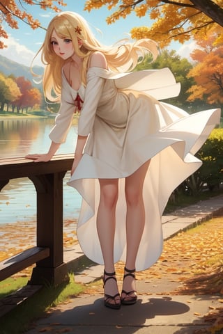 nsfw, Masterpiece, highest quality, high brightness, 1girl , blonde  hair, long hair, hair ornament, nice dress, cute, masterpiece,, stand next a bench, nice park and lake, autum season, windy, leafs in the ground background,windlift