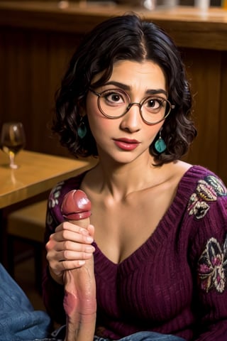 nsfw:1.3, MirabelST, mirabel madrigal, black open-chest sweater, glasses retrato de cuerpo entero, pechos grandes, sagging breasts, bebiendo vino tinto, fondo restaurante tradicional pelicula Encanto, lentes, Maribel Madrigal de Encanto, sonrisa sensual, viendo al espectador, ojos felinos, dinamic_pose:1.3, luz suave,, pants, penis grab, 