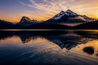 pic of a magnificent sunset over a mountainous landscape, Castle ruins, where the high peaks are bathed in a golden light and the sky is painted with soft shades of orange and pink. The clouds extend in dramatic shapes, criando uma cena deslumbrante e serena. No primeiro plano, There is a tranquil lake reflecting the beauty of the sky, while silhouetted trees add a touch of mystery to the landscape. The balanced composition and vastness of nature captured in this aspect of  convey a sense of calm and wonder at the grandeur of the natural setting. ,Astarte,Masterpiece