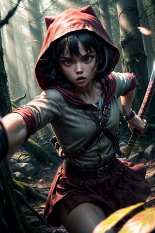 perfect lighting), (masterpiece:1.2), (best quality:1.2), (best aesthetic:1.1), (beautiful art:1.2), (ultra-detailed:1.2), cinematic establishing shot of little red riding hood holding a katana, perfect face, defined eyes, perfect eyes, battle pose, grim expression, ((((action)))), ((movement)), (((motion))), ((dynamic)), dark forest canopy pierced by sunbeams, crisp rendering, massive upgrade, shot on a DSLR,rfktrfod,DORA THE EXPLORER 