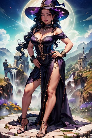 masterpiece, best quality, highres, 1girl, Hermosa mujer sensual, atuendo gótico, vestida con túnica negra con rica decoración, bruja, witch hat, waved hair, Witch gown,jewelry,high heels,cleavage,earrings,bracelet,bare shoulders, magic_wand expresión segura, mirada a la cámara (fondo misterioso mágico, luciérnagas, partículas brillantes, niebla etérea, oscuridad tenue, símbolos mágicos, Hierbas, y velas encendidas), alta saturación, luz de película, luz de borde, mejores sombras, (Lente utilizada: prime 50mm:1.3), (MODELO DE CÁMARA: Fotograma completo Sony Alpha a7R IV:1.3), (Iluminación meticulosamente elaborada que crea un ambiente misterioso:1.2),More ,TinkerWaifu