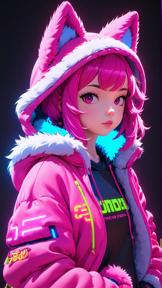 Anime girl, gamer, neon fur trim hoodie, neon style,Anime , 4K, HD