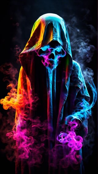 Vibrant colorful ghost made with smoke and a black dark back ground wallpaper ,cyberpunk style