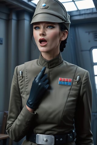 Tall skinny 1girl touching her throat screaming, in olive gray imperialofficer uniform and hat, black hair in tight bun, freckles, black gloves and belt, blue eyes, masterpiece, photorealistic, sci-fi barracks background,photo r3al