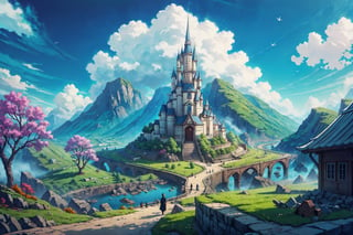 Beautiful landscape, white clouds, blue sky, fantasy landscape, illustrated, concept art

ushitora-kimon,Hiroshi Yoshida,Wuxia, isekai, danube school, Landscape like pixaar , disney  cartoon,One piece style,Pixel art,fantasy00d