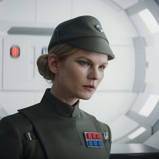 Kirsten Dunst, wearing olive green imperialofficer uniform and hat, hair in bun, sci-fi space station, 8k uhd, dslr, bright lighting, no shadow, portrait, high quality, masterpiece quality, film grain, Fujifilm,