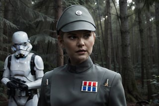 Fashion photography of Elisha Cuthbert, in dark olive gray imperialofficer uniform and officer's cap, hat, pale skin, hair in bun, slim feminine body, forest  background with stormtroopers , 4K, photorealistic, bright lighting, 