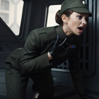 fashion photography of Kiera Knightley screaming and holding her neck with black gloved hand,, in olive green imperialofficer uniform and hat with brim, black gloves, hair in bun, smooth pale skin, blue eyes, Star destroyer bridge in space, metal floor, air vent, sharp focus, dlsr, ultra sharp, professional Photographer, film grain, very detailed skin texture, photorealistic, good hands five fingers