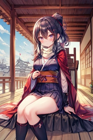 (((perfect pixels, perfect details))), alone, 1 girl, (Kunoichi) , l, , medium breasts, scarf cloak, shiny eyes, in an Japanese castle, sitting on a throne.