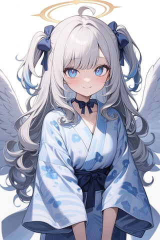  {{{masterpiece}}}, {{{best quality}}}, {{ultra-detailed}}, {beautiful detailed eyes}, 1girl, solo, angel, white hair, long curly hair, (two side up), blue eyes,  (curly hair:1.2), (wavy hair), (hair curls), (bangs), (two side up), two blue hair ties on head, (Double golden halo on her head), bowtie choker, angel wings, ahoge, fang,, (cute yukata, colorful yukata), smiling, Beautiful eyes,