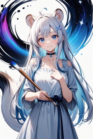 A very beautiful anime girl, 1girl, stoat girl, solo,  ((white hair)), very long hair, blue eyes, (straight hair), (bangs), animal ears, (stoat ears:1.2),
 Choker, ahoge, yaeba, (big white stoat Tail:1.2), (blue X hairpin),wearing a very casual outfit, white background, holding a big paintbrush, holding palette, the girl is drawing a line of ink in the air as if it were a canvas, front view, looking away, smiling, shining gaze, masterpiece quality, stunning image, colorful,ink paint,Ink art