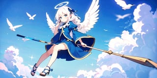  (Best Picture Quality, High Quality, Best Picture Score: 1.3), , Perfect Beauty Score: 1.5, long hair, 1 angel girl, (solo), ((white hair)), (long curly hair), blue eyes, ((two blue ribbons on her hair)), (Double golden halo on her head), (angel wings), (cute outfit), wearing blue one piece dress, (Ride a flying broomstick), fly in the air, country town, (full_body), beautiful, cute, masterpiece, best quality,perfect light,