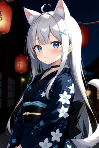 1girl, stoat girl, solo,  ((white hair)), very long hair, blue eyes, (straight hair), (bangs), animal ears, (stoat ears:1.2),
 Choker, ahoge, yaeba, (big white stoat Tail:1.2), (blue X hairpin), solo, long hair, looking at viewer, blush, bangs,  closed mouth, upper body, outdoors, japanese clothes, sky, choker, blurry, night, floral print, building, lantern, paper lantern,Japanese pattern