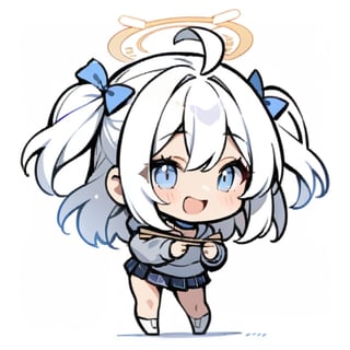  chibi, masterpiece, best quality, solo, 1girl, angel, (white hair), long curly hair, (two side up),blue eyes, (two blue ribbons on her hair), ((Double golden halo on her head)), choker, ((angel wings)), ahoge, full body, cute smile, best smile, open mouth, Wearing grey Hooded T-shirt, long sleeves, pleated skirt, (holding a pair of huge chopsticks), ,masterpiece,simple background, ,